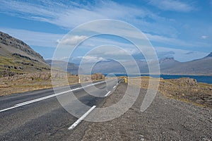 View of Berufjordur fjord and surrounding mountains from Ring Road, Iceland. photo