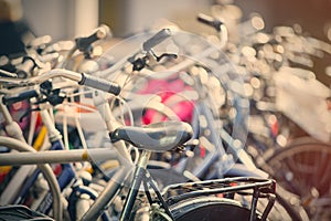 view on bicycles on parking places close up