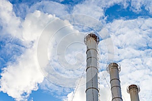 View on a big metal pipes of city gas boiler.