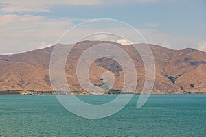 View of the biggest lake in Armenia, Sevan Lake. Mountain around