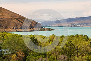 View of the biggest lake in Armenia, Sevan Lake. Mountain around