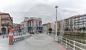 View at the Bilbao downtown on Casco Viejo, Riber Market main entrance building, Nervión river and other classic buildings,