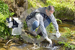 View of a Biologist take a sample in a river.