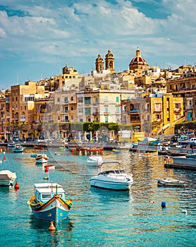 View on Birgu and the harbour with boats