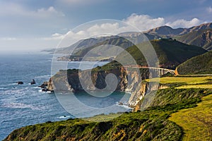 View of Bixby Creek Bridge and mountains along the Pacific Coast