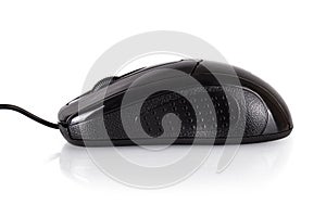 view of black computer mouse isolated on white background