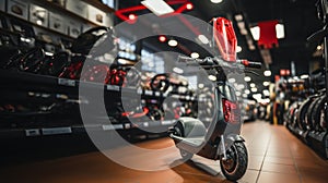 View of black scooter with red lights in the store