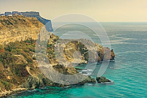 View of Black Sea from the cape Fiolent at sunset, near Sevastopol, Crimea peninsula. Picturesque sea landscape in HDR