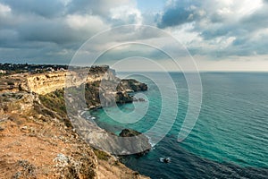 View of Black Sea from the cape Fiolent at sunset, near Sevastopol, Crimea peninsula. Picturesque sea landscape in HDR