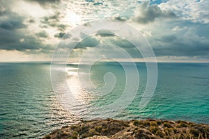 View of Black Sea from the cape Fiolent at sunset, near Sevastopol, Crimea peninsula. Picturesque sea landscape in HDR