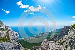 View of the Black Sea from Mount Ai-Petri. Below the village of Alupka Big Yalta. Cloudy sunny weather