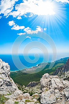 View of the Black Sea from Mount Ai-Petri. Below the village of Alupka Big Yalta. Cloudy sunny weather