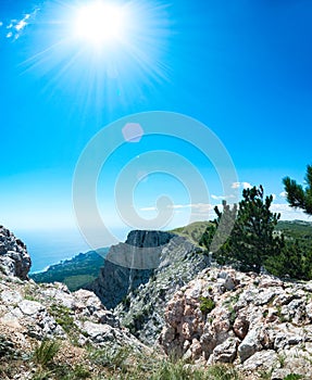 View of the Black Sea from Mount Ai-Petri. Below the village of Alupka Big Yalta. Cloudy sunny weather