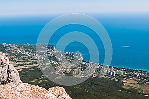 View of the Black Sea from Mount Ai-Petri. Below the village of Alupka Big Yalta. Sunny weather.