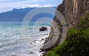 View on Black Sea from wild coast in Crimea, sea shore resort