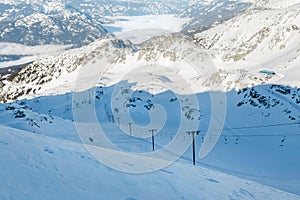 A view of Blackcomb glacier, the T-bar, the valley, and the mountains below.