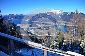 View from the Bleckwand to the Wolfgangsee in winter, Gmunden district, Salzkammergut, Upper Austria, Austria, Europe