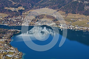 View from the Bleckwand to the Wolfgangsee in winter, Gmunden district, Salzkammergut, Upper Austria, Austria, Europe