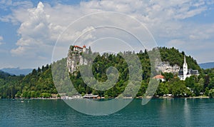 View of Bled Castle across Lake Bled, located at the foot of the Slovenian Julian Alps