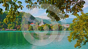 View of Bled lake against Saint Martin Perish church