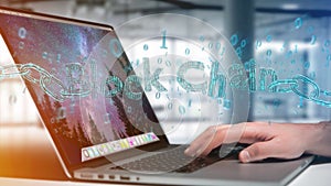 Blockchain title with a cahin made of data number - 3d render