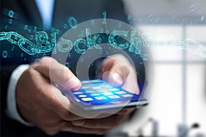 Blockchain title with a cahin made of data number - 3d render