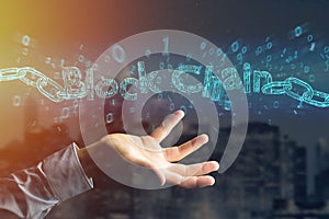 Blockchain title with a cahin made of data number - 3d render