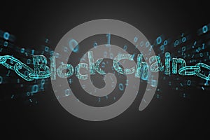 Blockchain title with a cahin made of data number - 3d render