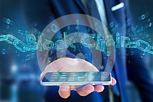 Blockchain title with a cahin made of data number - 3d render