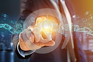 Blockchain title with a cahin made of data number - 3d render