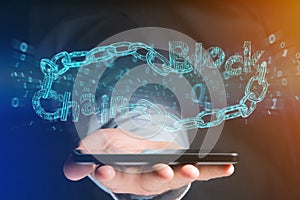 Blockchain title with a cahin made of data number - 3d render