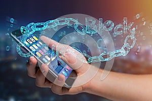 Blockchain title with a cahin made of data number - 3d render