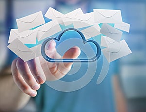 Blue cloud surrounded by realistic envelope email displayed on a