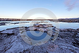 View of the Blue Lagoon waters at dusk in Iceland. Sunset in the