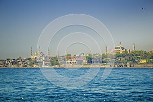 Istanbul, Turkey, April 9, 2013: Blue Mosque and Hagia Sophia.