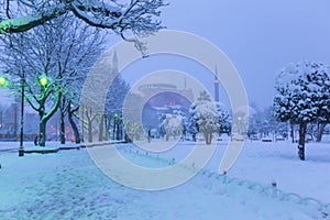 View of the Blue Mosque in the snowy winter. Istanbul, Turkey