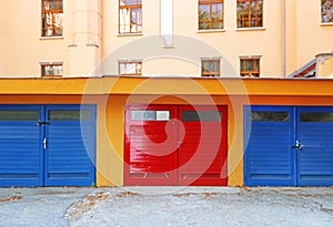 View of blue and red garages in Bratislava, Slovakia