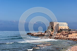 View of the blue sea in Caesarea -Israel, with part of the remains of the old biblical city.