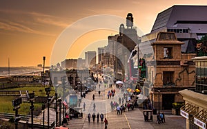 View of the boardwalk at sunset, in Atlantic City, New Jersey.