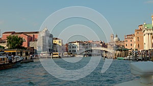 View from a boat approaching The Scalzi Bridge on the Grand Canal in Venice, Italy