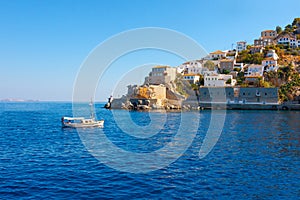 View of boat entering Hydras Island in Greece