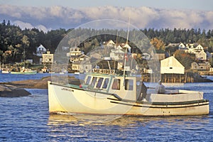 View of boat in harbor in Lobster Village, ME, Mount Desert Island