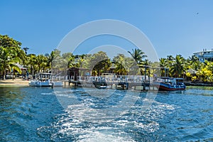 A view from a boat looking back towards the shore at West Bay on Roatan Island