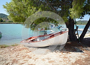 View of a boat in a marina bay in Halkidiki, Greece