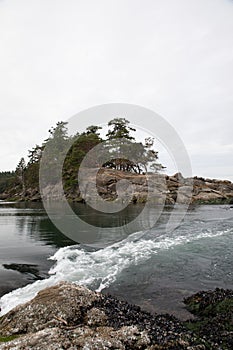 View of Boat Passage from Winter Cove Marine Park anchorage, Vancouver Island, Canada