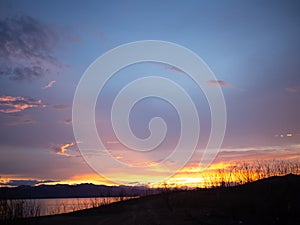 View of the boat seat,Sea storm landscape. Dramatic overcast sky.Sunset sky, The lake at sunset