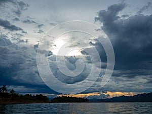 View of the boat seat,Sea storm landscape. Dramatic overcast sky.Sunset sky