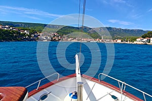 View from the boat at shore. Adventure travel concept background