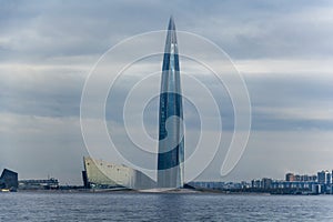 View from a boat to the tallest skyscraper in Europe, Lakhta Center, on the shores of the Gulf of Finland