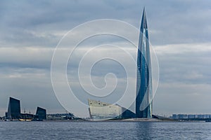 View from a boat to the tallest skyscraper in Europe, Lakhta Center, on the shores of the Gulf of Finland